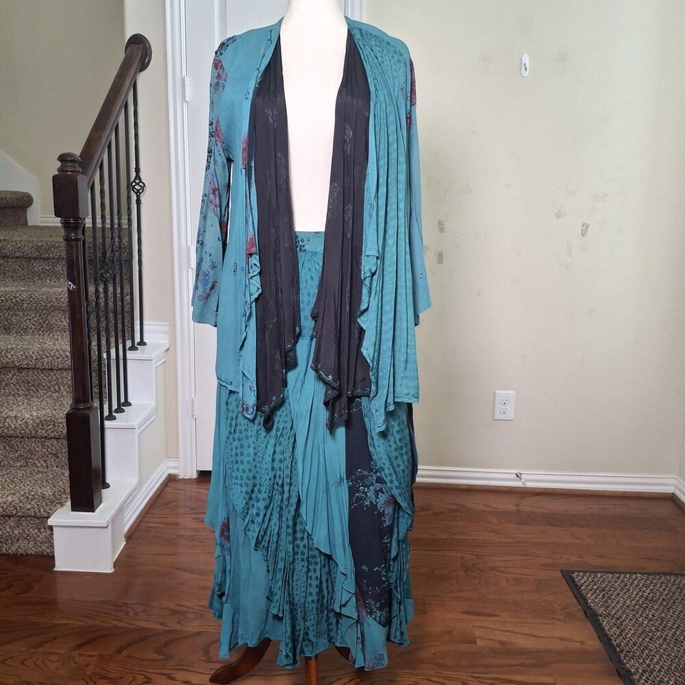 Tienda Ho Lagenlook Skirt Kimono Jacket 2PC Set Patchwork Ruffle Witchy Boho XL